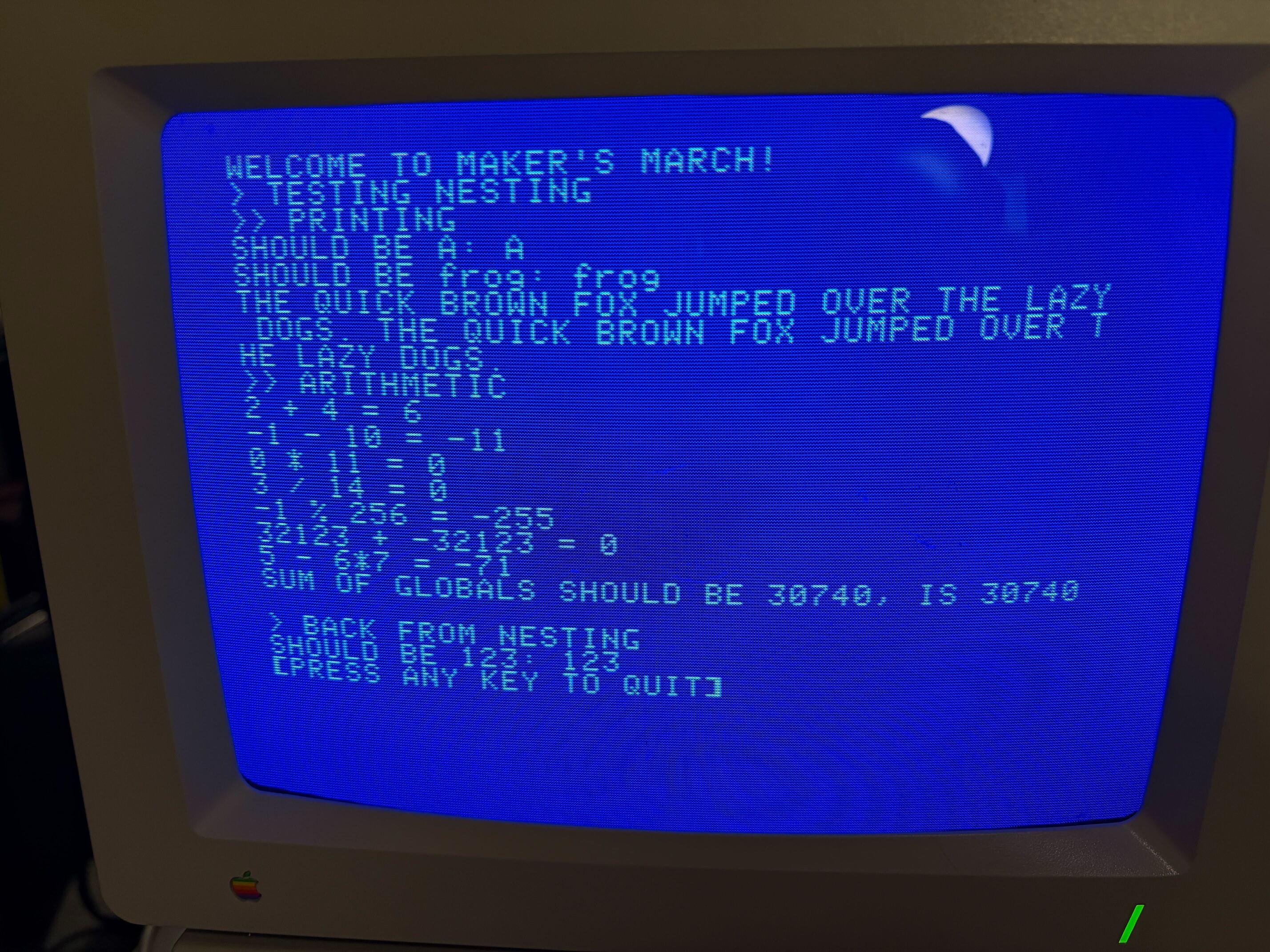 A picture of an Apple IIGS screen with a blue background showing a bunch of text from a test story.